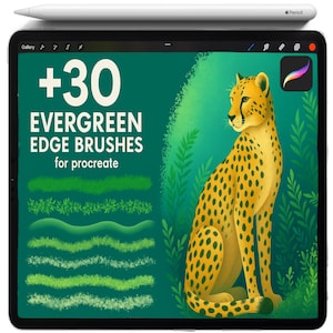 May include: A digital illustration on a tablet featuring a cheetah with yellow fur and black spots, surrounded by green foliage. The screen displays the text "+30 EVERGREEN EDGE BRUSHES for procreate" and examples of green brush strokes. A white Apple Pencil is on top.