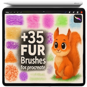 May include: A digital art illustration on a tablet featuring a cute orange squirrel and various fur brush textures. The text reads "+35 FUR Brushes for procreate". A white stylus rests at the top of the tablet.