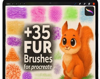 May include: A digital art illustration on a tablet featuring a cute orange squirrel and various fur brush textures. The text reads "+35 FUR Brushes for procreate". A white stylus rests at the top of the tablet.