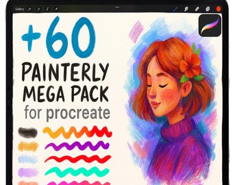 May include: A digital tablet with a white stylus on top. The screen displays the text "+60 PAINTERLY MEGA PACK for procreate" and a colorful illustration of a woman with red hair. Below the text are colorful brushstroke samples.