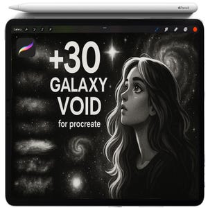 Puede incluir: Una tableta negra muestra una ilustración de arte digital con el texto "+30 GALAXY VOID for procreate". La obra de arte presenta a una mujer mirando hacia un fondo de galaxia. Un Apple Pencil blanco descansa sobre la tableta.