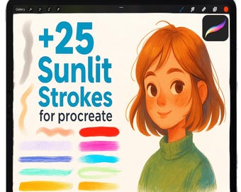 May include: A digital illustration on a tablet featuring a young woman with orange hair and a green sweater. The screen displays colorful brush strokes and the text "+25 Sunlit Strokes for Procreate". A white stylus rests on top.