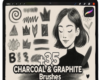 Puede incluir: Ilustración de arte digital en una tableta con pinceles de carboncillo y grafito para Procreate. La imagen incluye un retrato de mujer, muestras de trazos de pincel y el texto "+35 CHARCOAL & GRAPHITE Brushes for procreate". Un Apple Pencil blanco en la parte superior.