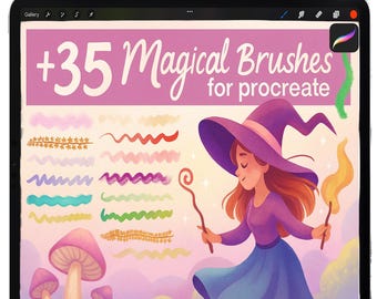 以下が含まれることがあります： 上部に白いApple Pencilが付いたiPad Proは、デジタルイラストを表示しています。イラストは、紫色の帽子とドレスを着て、杖と炎を持っている魔女が特徴です。「+35 Magical Brushes for Procreate」と書かれています。