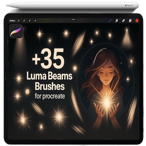 Könnte beinhalten: Digitale Illustration auf einem Tablet-Bildschirm mit Procreate-Pinseln. Das Bild zeigt den Text "+35 Luma Beams Brushes for procreate" und eine Zeichnung einer Frau, die ein helles Licht hält. Ein weißer Apple Pencil liegt obenauf.