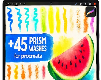 May include: A digital art illustration on a tablet featuring colorful brush strokes and a watermelon slice. The text reads "+45 Prism Washes for Procreate." A white stylus with the Apple Pencil logo is at the top.