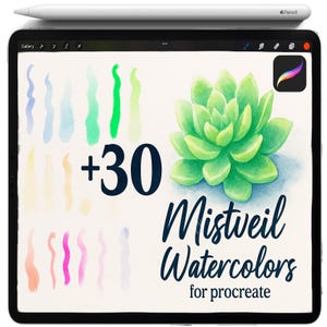 May include: A digital illustration on a tablet featuring watercolor paint strokes and a succulent. The text reads "+30 Mistveil Watercolors for Procreate". A white Apple Pencil rests on the tablet's edge. The Procreate app icon is visible.