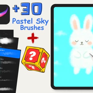 Könnte beinhalten: Digitales Kunstzubehör für Procreate, mit einem Tablet mit einer niedlichen Hasenillustration, einem Satz Wolkenpinsel und einer Fragezeichenbox. Der Text lautet "+30 Pastel Sky Brushes".