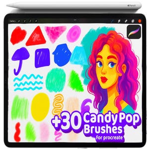 Puede incluir: Una tableta negra muestra trazos de pincel coloridos y una ilustración de dibujos animados de una mujer con cabello rojo y morado. El texto dice "+30 Candy Pop Brushes for Procreate". Un lápiz óptico blanco descansa sobre la tableta.