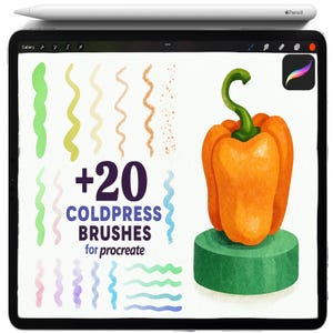 Könnte beinhalten: Ein iPad zeigt digitale Kunstpinsel und ein Procreate App-Symbol. Der Bildschirm zeigt farbenfrohe Pinselstriche und eine Illustration einer orangefarbenen Paprika. Der Text lautet "+20 COLDPRESS BRUSHES for procreate". Ein weißer Apple Pencil liegt obenauf.