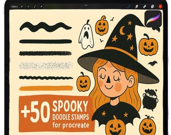 Procreate Halloween Doodle Brushes: Pumpkins Brush, Horror Ghosts, Skull, Spooky Witches, Bat Stamp Brushset, Paper Textures, Color Swatches