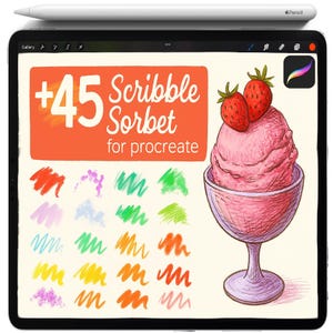 May include: A digital illustration on a tablet featuring a pink sorbet with strawberries in a glass, and colorful brushstroke samples. The text reads "+45 Scribble Sorbet for procreate". A white stylus is on top.