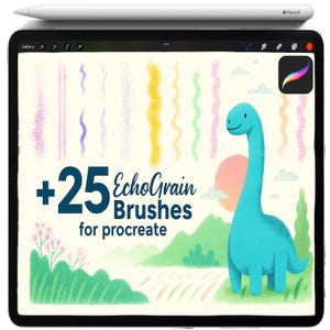 Pode incluir: Ilustração digital em uma tela de tablet mostrando 25 pincéis EchoGrain para Procreate. A imagem apresenta um dinossauro de desenho animado, um sol e uma paisagem com pinceladas coloridas. Uma Apple Pencil branca está em cima.