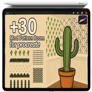 Könnte beinhalten: Ein iPad zeigt ein digitales Kunstdesign mit dem Text "+30 Mod Pattern Room for procreate". Das Design umfasst einen großen grünen Kaktus in einem orangefarbenen Topf, Kaktusillustrationen und Musterbeispiele. Ein weißer Apple Pencil liegt oben.