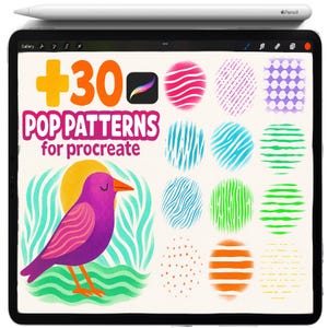 May include: A digital illustration on a tablet featuring a purple bird with an orange beak and a sun. The text reads "+30 POP PATTERNS for Procreate" with various colorful circular patterns. A white stylus is at the top.