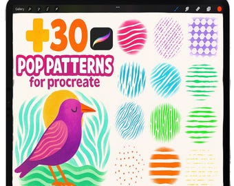 May include: A digital illustration on a tablet featuring a purple bird with an orange beak and a sun. The text reads "+30 POP PATTERNS for Procreate" with various colorful circular patterns. A white stylus is at the top.