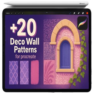 Könnte beinhalten: Ein digitales Tablet zeigt das Procreate App-Symbol und eine Grafik mit dem Text "+20 Deco Wall Patterns for Procreate". Die Grafik enthält Musterbeispiele und eine stilisierte Illustration eines Fensters und einer Tür.