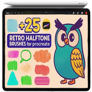 May include: An iPad Pro with a white Apple Pencil. The screen shows a cartoon owl and brush stroke samples. Text reads "+25 RETRO HALFTONE BRUSHES for procreate".