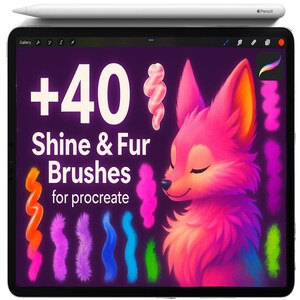 May include: A digital tablet displays a vibrant illustration of a pink fox with closed eyes, surrounded by colorful brush strokes. The screen shows the text "+40 Shine & Fur Brushes for Procreate." A white stylus rests on top of the tablet.