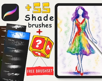 Peut inclure: Image d'outils d'art numérique, comprenant une icône d'application Procreate, une tablette avec une esquisse de robe colorée et un graphique de jeu de pinceaux. Le texte indique "+55 Shade brushes" et "FREE BRUSHSET".