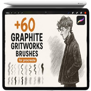 May include: A digital tablet with a white stylus on top. The screen displays "+60 GRAPHITE GRITWORKS BRUSHES for procreate" with a pencil sketch of a person. Various brush stroke examples are shown below the text.