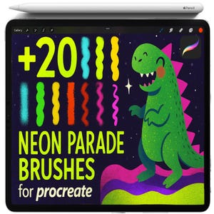 May include: A digital tablet displays a colorful illustration with the text "+20 NEON PARADE BRUSHES for procreate." The image features a green dinosaur and various neon brush strokes. A white stylus rests at the top.