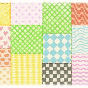 K&ouml;nnte beinhalten: Ein Patchwork-Design mit verschiedenen Mustern in einem Raster. Die Muster umfassen Herzen, Punkte, Rauten und Wellenlinien in Farben wie Rosa, Gr&uuml;n, Gelb und Blau. Die Gesamt&auml;sthetik ist hell und fr&ouml;hlich.