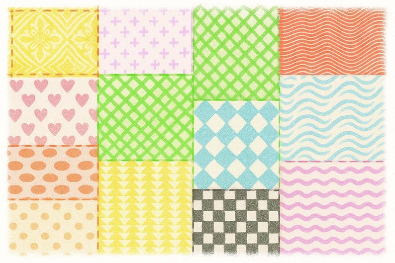 K&ouml;nnte beinhalten: Ein Patchwork-Design mit verschiedenen Mustern in einem Raster. Die Muster umfassen Herzen, Punkte, Rauten und Wellenlinien in Farben wie Rosa, Gr&uuml;n, Gelb und Blau. Die Gesamt&auml;sthetik ist hell und fr&ouml;hlich.