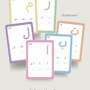 May include: A set of colorful flashcards for learning Arabic letters. Each card features a different letter with examples of its forms at the beginning, middle, and end of words. The text "(28 Flashcards)" is visible. The text "Alif Laam Meem Raa" is also visible.