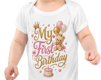 Girl's First Birthday Teddy Bear Shirt | Pink Gold Crown Smash Cake Outfit