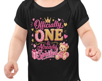 Body de cumpleaños para niña "Oficialmente un año y ya consentida" / Conjunto de osito de peluche con corona rosa y dorada