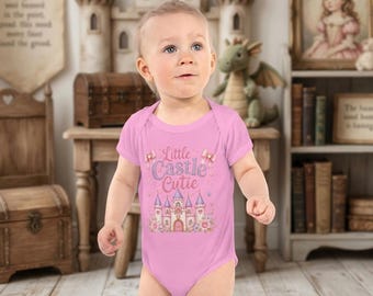 Castle Bodysuit, pink baby outfit, lavender floral baby one piece
