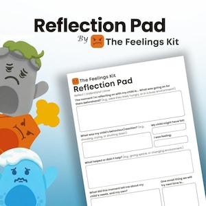 May include: A white "Reflection Pad" by "The Feelings Kit" with sections for reflecting on a child's behaviour and feelings. The pad includes prompts for understanding the child's needs and planning for the future. Colourful cartoon characters are in the background.