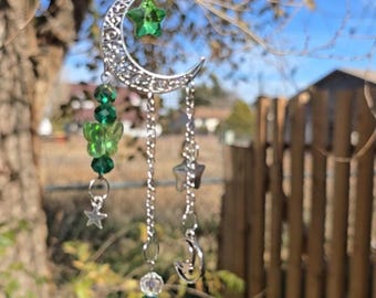 Emerald Green Crystal Suncatcher, Silver Moon Prism, Boho Window Decor