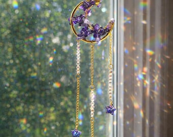 Amethyst Moon Suncatcher - Crystal Prism, Celestial Window Decor