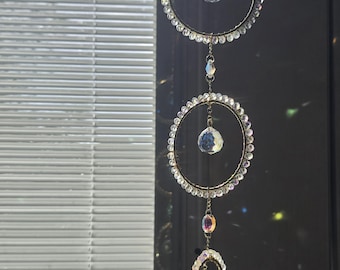 Handmade Gold Triple Ring Suncatcher – Crystal Prism Rainbow Window Charm