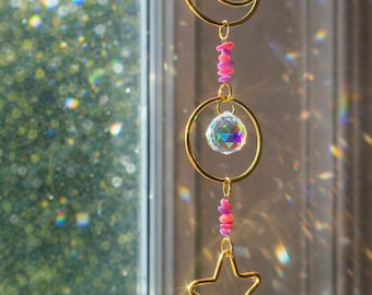 Celestial Moon and Star Suncatcher, Crystal Rainbow Maker, Gold Boho Window Hanging, Pink Stone Chips Garden Decor, Spiritual Healing Gift