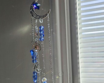 Celestial Moon Suncatcher with Cobalt Blue Beads, Crystal Window Prism, Boho Moon and Stars Wall Hanging, whimsical gift, Gift for Her