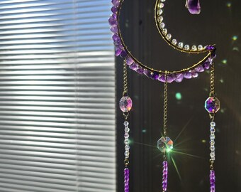 Amethyst Moon Suncatcher • Rainbow Crystal Prism Window Hanging