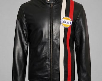 Chaqueta de cuero azul estilo carreras retro • Ropa de abrigo para hombre inspirada en motos vintage