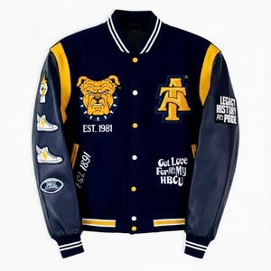 May include: A navy blue and gold varsity jacket with a bulldog graphic and the text "EST. 1981". The jacket features patches with text and images, including "LEGACY HISTORY & PRIDE" and "Got Love For My HBCU".