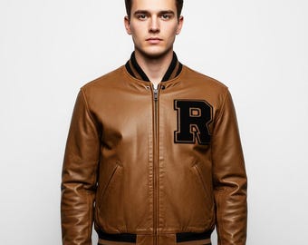 Vintage Style Leather Varsity Jacket | Brown Bomber with Initial