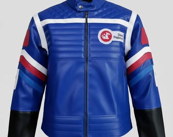 Chaqueta de carreras azul: chaqueta de cuero estilo motociclista retro, unisex, para cosplay y ropa urbana.