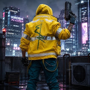 May include: A bright yellow hooded jacket with reflective silver bands, the word EMERGENCY printed on the collar, and a large green graphic on the back. The jacket is worn with dark teal trousers and black gloves, while holding a black handgun.