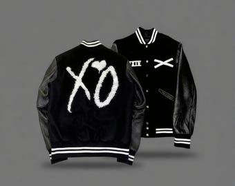 Black Leather-Sleeve Varsity Jacket with Bold XO-Style Chenille Patch