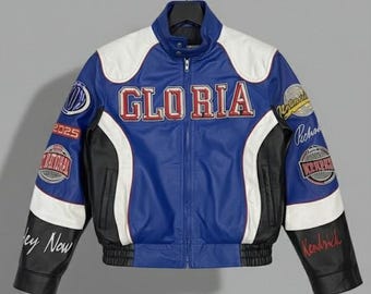 Chaqueta universitaria unisex azul estilo motociclista vintage con detalles de parches