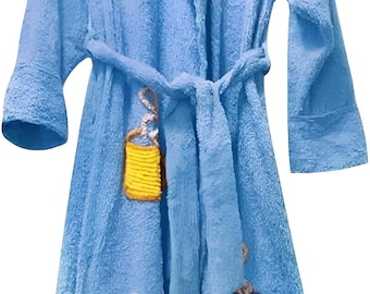 Cozy Blue Terry Bathrobe with Colorful Mug Embroidery- Plush Spa Bathrobe for Home & Gifts