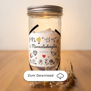 May include: A clear glass jar with a silver lid, filled with small white papers. The jar has a decorative label with the text "Marmeladenglas" and various illustrations. A download button is visible at the bottom.