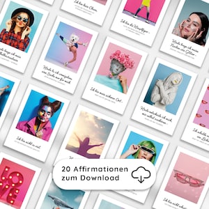 Könnte beinhalten: Eine Sammlung von 20 Affirmationskarten mit verschiedenen Bildern und Texten. Die Karten zeigen vielfältige visuelle Elemente, darunter Porträts, künstlerische Kompositionen und inspirierende Zitate. Der Satz "20 Affirmationen zum Download" ist sichtbar.