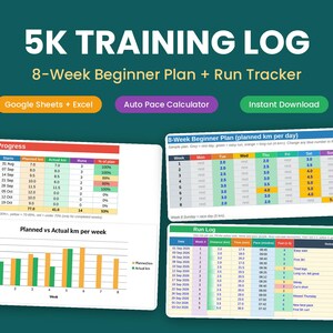 Op de afbeelding: Een digitaal 5K-trainingslogboek-sjabloon met een 8-weken beginnersplan en hardlooptracker. Het document bevat tabellen voor wekelijkse voortgang, een staafdiagram voor geplande versus werkelijke kilometers en een gedetailleerd hardlooplogboek.
